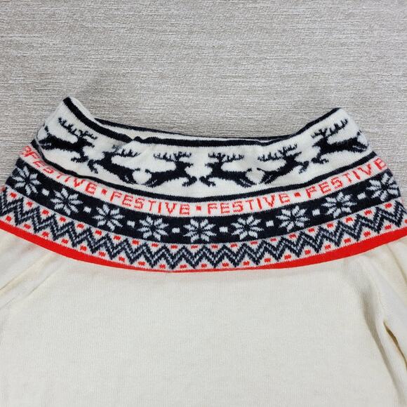 H&M Festive Reindeer Sweater Womens L White Off The Shoulder Holiday Christmas - Picture 4 of 16